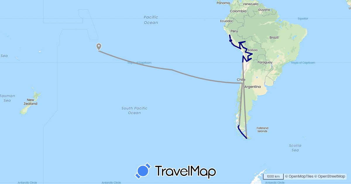 TravelMap itinerary: driving, plane in Argentina, Bolivia, Chile, France, Peru (Europe, South America)
