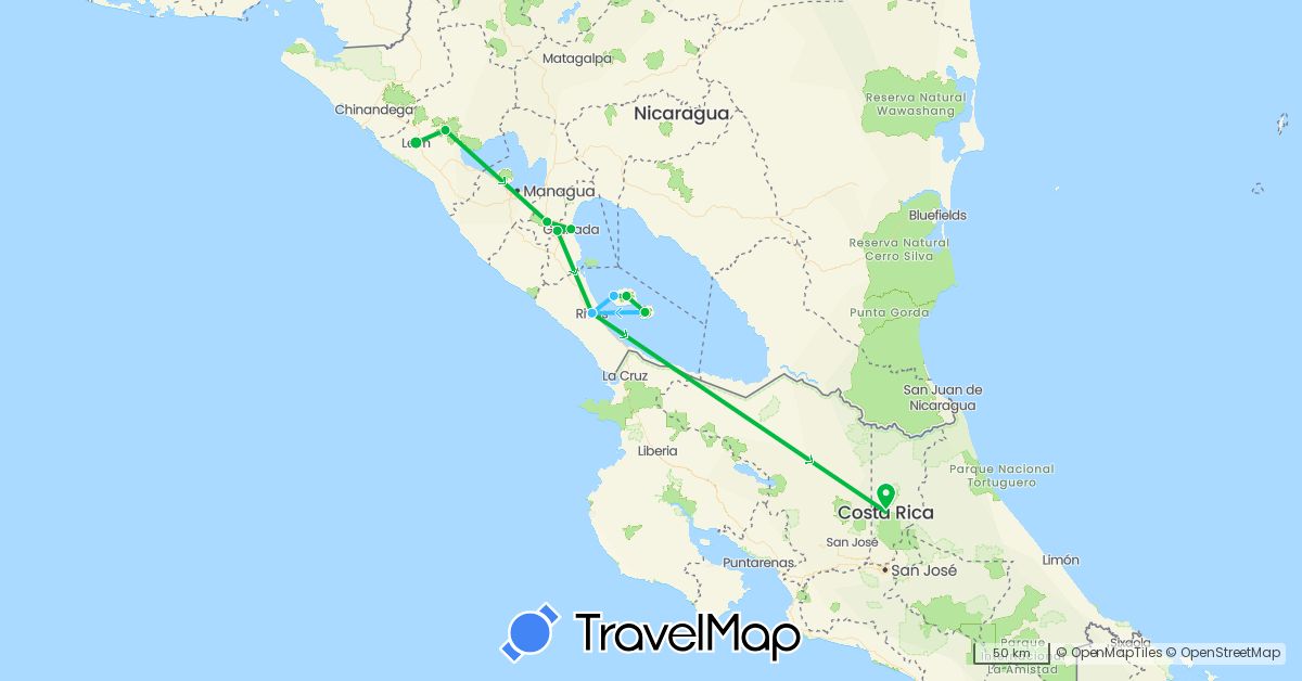 TravelMap itinerary: bus, boat in Costa Rica, Nicaragua (North America)