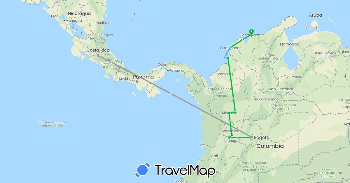 TravelMap itinerary: bus, plane, boat in Colombia, Costa Rica (North America, South America)